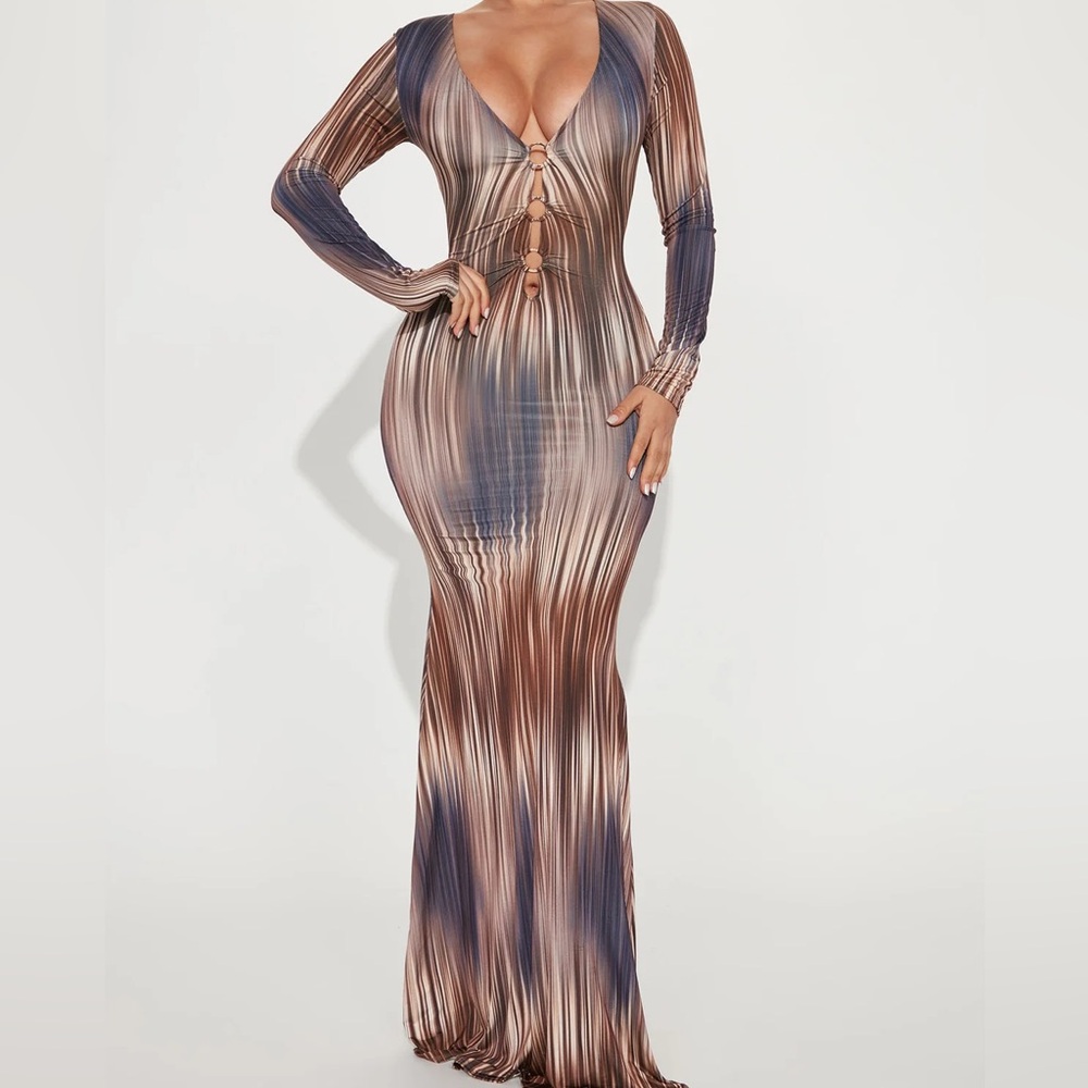 Fashion Nova Elegant Brown and Blue Maxi Dress